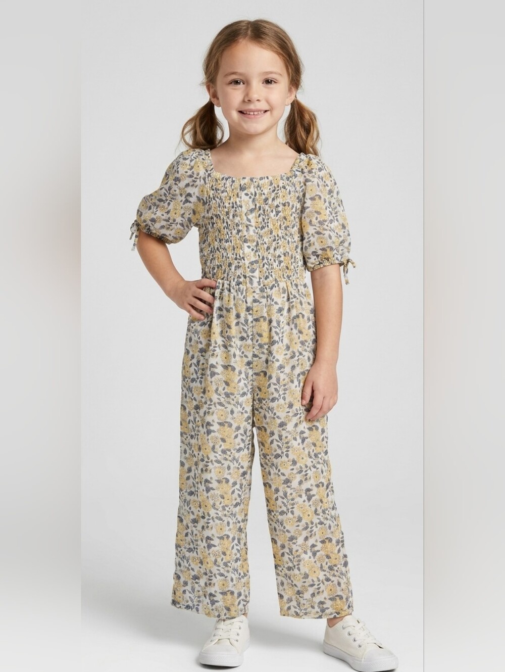 Kids Jessica Simpson Yellow and Gray Floral Jumpsuit Wide-Leg